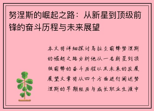 努涅斯的崛起之路：从新星到顶级前锋的奋斗历程与未来展望