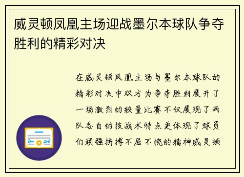 威灵顿凤凰主场迎战墨尔本球队争夺胜利的精彩对决